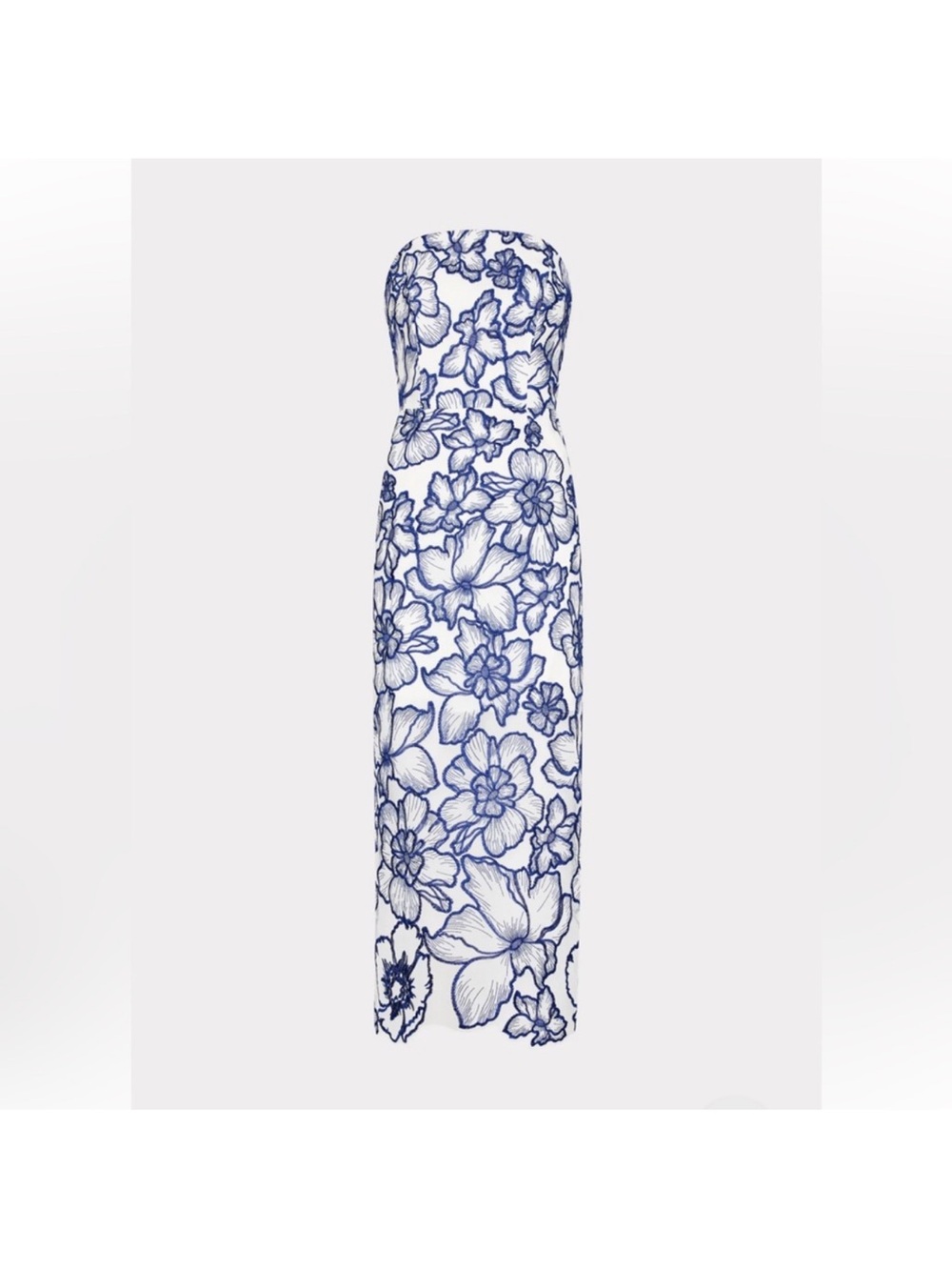 Strapless White & Blue Floral Appliqué Midi Dress